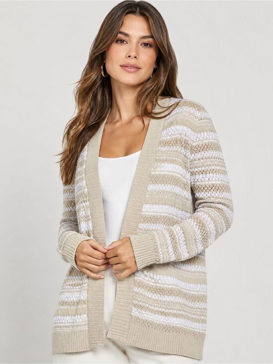 Jones New York Sweaters - Jones New York Textured Stripe Open Front Cardigan Natural Stone Tan White S NEW